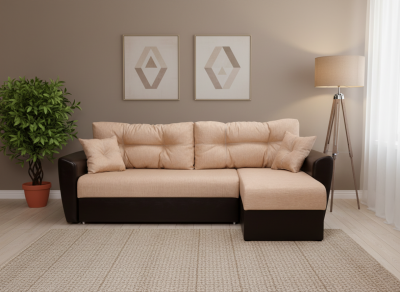 Диван-еврокнижка угловой Амстердам, 150х200, рогожка/экокожа бежево-коричневый