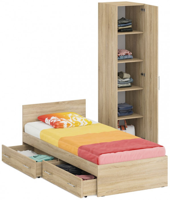 Кровать с ящиками 0900 + Пенал Стандарт, дуб сонома