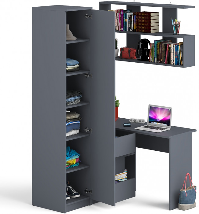 Мори компьютерный стол МС-16 левый + Пенал МШ400.1 + Полка 1200, графит