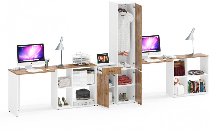 Лидер-8 Стол + Стол + Пенал МД 21Б + Тумба МД 3.15, цвет белый шагрень/крафт золото, ШхГхВ 410х50/37,5х75/190 или 230х160/50х75/190 см., НЕ ун. сб.