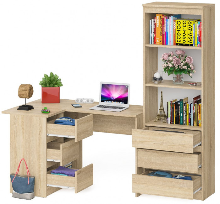 Мори Стол компьютерный МС-16 левый + Стеллаж МСТ600.3, цвет дуб сонома, ШхГхВ 184,8х84,9х179,6 см., выдвижные ящики слева, НЕ универсальная сборка