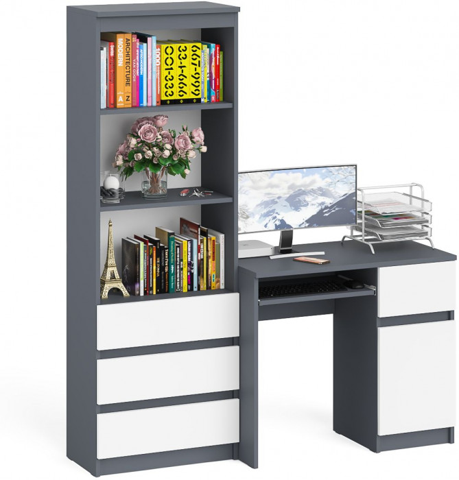Мори компьютерный стол МС-1 правый + Стеллаж МСТ600.3, графит/белый