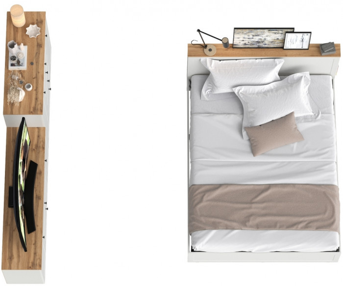 Остин 11.53 Кровать + ортопед + 16.47 Тумба под ТВ + 16.221 Комод, белый шагрень/дуб крафт золотой