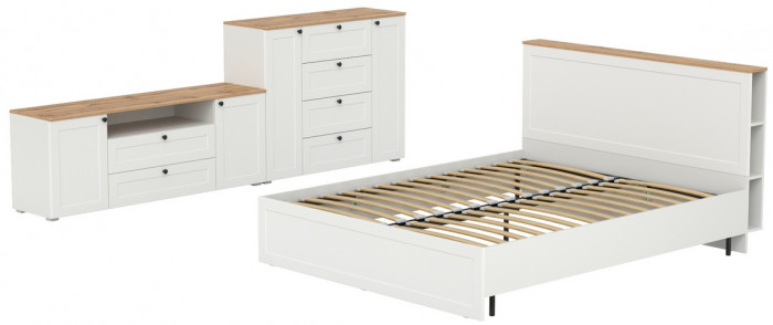 Остин 11.53 Кровать + ортопед + 16.47 Тумба под ТВ + 16.221 Комод, белый шагрень/дуб крафт золотой