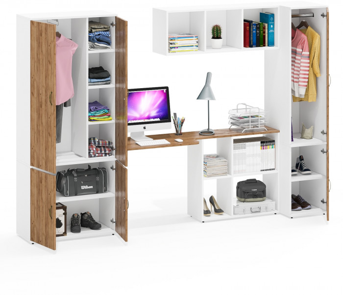 Лидер-8 Шкаф МД 20Б + Стол + Полка + Пенал 23Б, цвет белый шагрень/крафт золото, ШхГхВ 285х50/37,5х75/190 или 195х120х75/190 см., НЕ ун.сб.