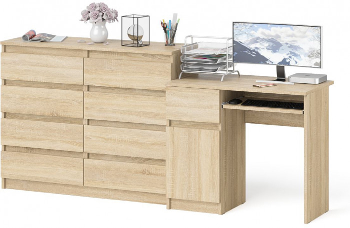 Мори Стол компьютерный МС-1 левый + Комод МК1200.8, цвет дуб сонома, ШхГхВ 210,4х50х94 см., выдвижной ящик слева, НЕ универсальная сборка
