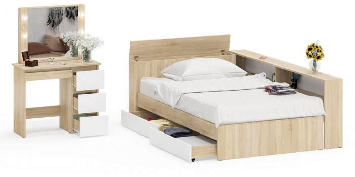 Ксения Кровать с ящиками 1200 + прикроватный блок + Столик с подсветкой Сура, дуб сонома/белый