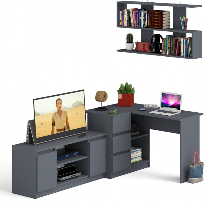 Мори компьютерный стол МС-16 левый + Тумба МТВ1200.1 + Полка 1200, графит
