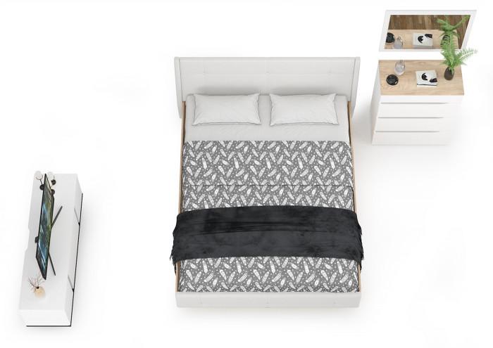 Муссон Кровать 11.28 + под. ортопед + 13.97 + Зеркало СВК + Тумба ТВ 13.276, цвет белый/чёрный/дуб эндгрейн элегантный/кожзам белый, 1600х2000 мм, б/м