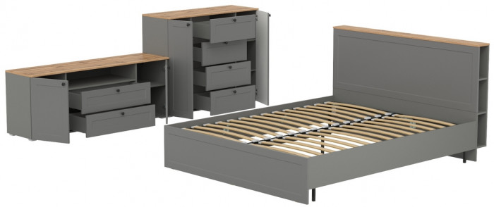 Остин 11.53 Кровать + ортопед + 16.47 Тумба под ТВ + 16.221 Комод, серый графит/дуб крафт золотой