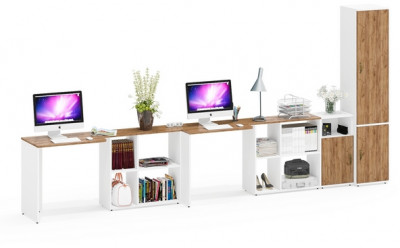 Лидер-8 Стол + Стол + Пенал МД 21Б + Тумба МД 3.19, цвет белый шагрень/крафт золото, ШхГхВ 410х50/37,5х75/190 или 230х160/50х75/190 см., НЕ ун. сб.