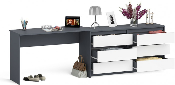 Мори Стол письменный МСП1200.1 + Комод МК1380.6, цвет графит/белый, ШхГхВ 258,4х50х76,6 см., универсальная сборка