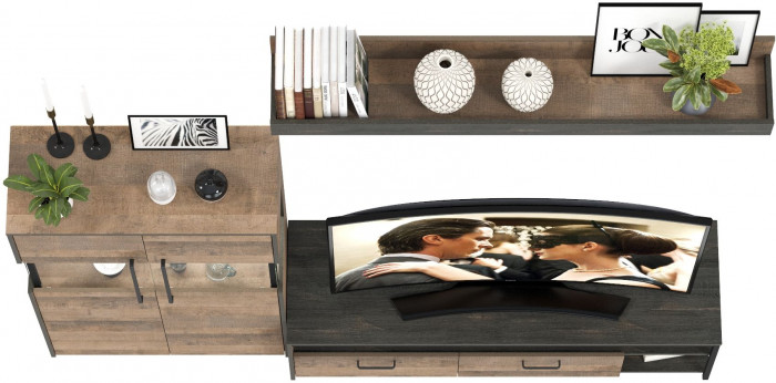 Трувор 13.70 Тумба под ТВ + 13.306 Комод с витриной + 15.60 Полка, цвет дуб гранж песочный/интра, ШхГхВ 235,6х45,4х195 см., универсальная сборка