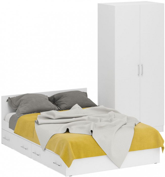 Кровать с ящиками 1400 + Шкаф 2-х створчатый Стандарт, цвет белый, ШхГхВ 143,5х203,5х70 + 90х52х200 см., сп.м. 1400х2000 мм., б/м, основание есть
