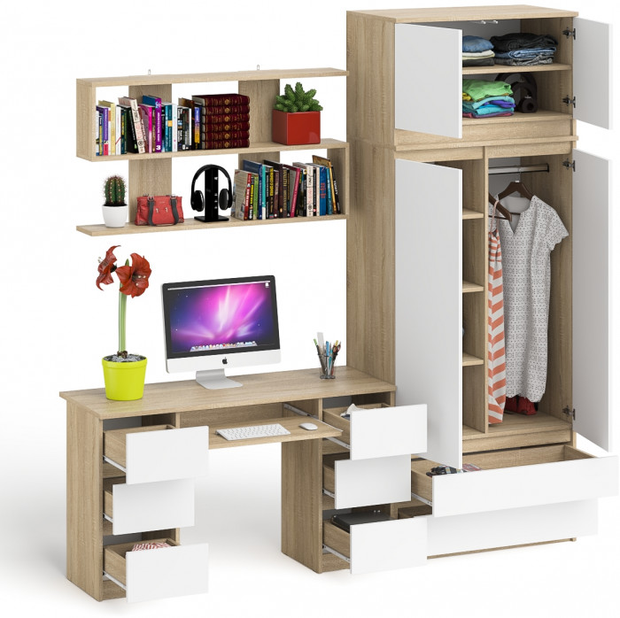 Мори компьютерный стол МС-2 + Шкаф МШ900.1 + Антресоль МА900.1 + Полка 1200, дуб сонома/белый