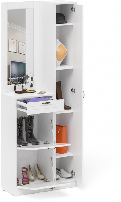 Прихожая П-6 Компоновка № 23, белая шагрень/фасады МДФ белое дерево фрезеровка прованс