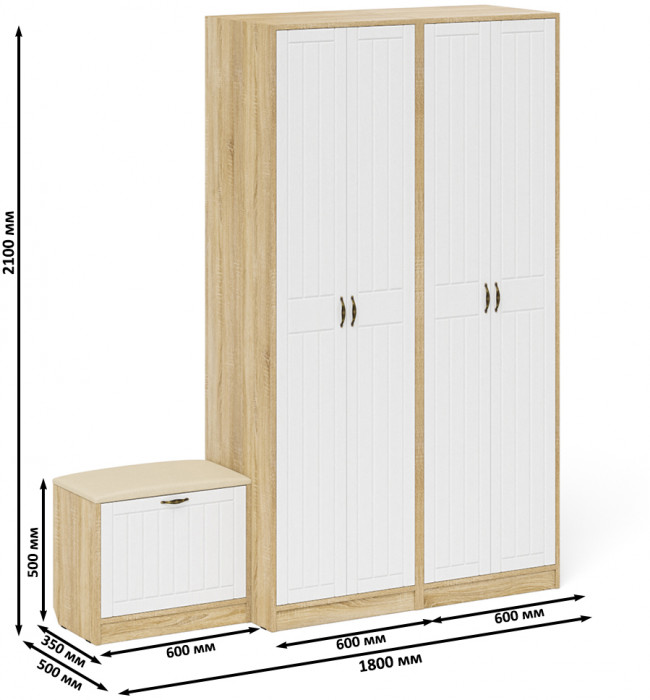Прихожая П-6 Компоновка № 07, цвет дуб сонома/фасады МДФ белое дерево фрезеровка прованс, ШхГхВ 180х50х210 см., универсальная сборка