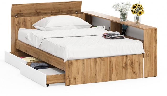 Ксения Кровать с ящиками 1200 + прикроватный блок, дуб вотан/белый