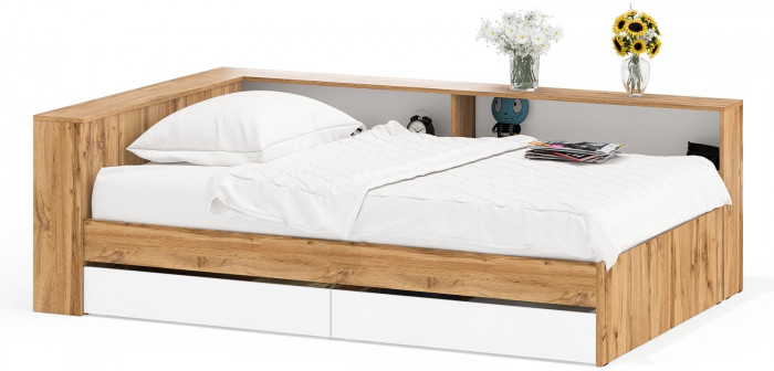 Ксения Кровать с ящиками 1200 + прикроватный блок, дуб вотан/белый