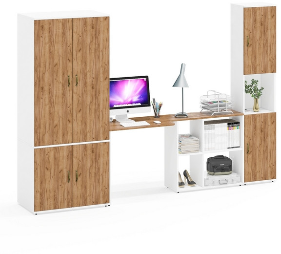 Лидер-8 Шкаф МД 19Б + Стол + Пенал, белый шагрень/крафт золото