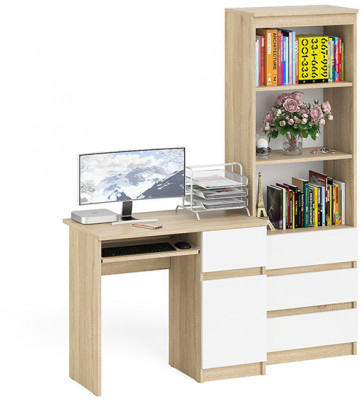 Мори компьютерный стол МС-1 правый + Стеллаж МСТ600.3, дуб сонома/белый
