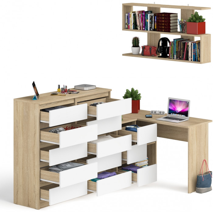 Мори компьютерный стол МС-16 левый + Комод МК1200.10 + Полка 1200, дуб сонома/белый