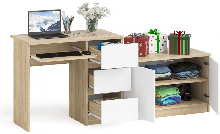 Мори компьютерный стол МС-6 правый + Тумба МА900.1, дуб сонома/белый