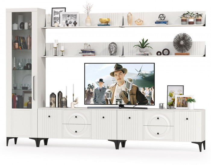 Валенсия Гостиная № 081, цвет ЛДСП белый шагрень/МДФ белый шагрень, ШхГхВ 321,2х38,3х225,2 см., универсальная сборка