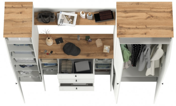 Остин Прихожая 75, цвет белый шагрень/дуб крафт золотой, ШхГхВ 240х54,3х229,6 см., универсальная сборка