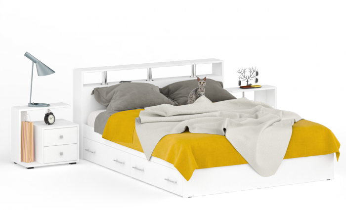 Камелия Кровать с ящиками 1600 + две тумбы, цвет белый, ШхГхВ 276х217х78,2 см., сп.м. 1600х2000 мм., без матраса, основание есть