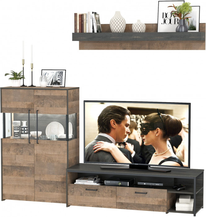 Трувор 13.70 Тумба под ТВ + 13.306 Комод с витриной, цвет дуб гранж песочный/интра, ШхГхВ 235,6х45,4х135,3 см., универсальная сборка