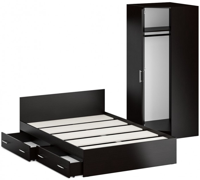 Кровать с ящиками 1400 + Шкаф 2-х створчатый Стандарт, цвет венге, ШхГхВ 143,5х203,5х70 + 90х52х200 см., сп.м. 1400х2000 мм., б/м, основание есть