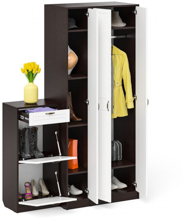 Прихожая П-6 Компоновка № 48, венге/фасады МДФ белое дерево фрезеровка прованс