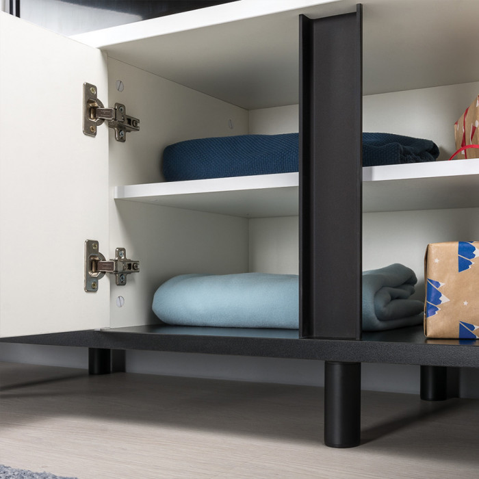 Муссон Кровать 11.28 + под. ортопед + Тумба 16.03 + Комод 13.97 + Тумба ТВ 13.276, белый/чёрный/дуб эндгрейн элегантный/кожзам белый, 1600х2000, б/м