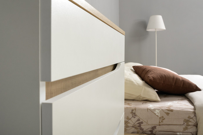 Муссон Кровать 11.28 + под. ортопед + Тумба 16.03 + Комод 13.97 + Тумба ТВ 13.276, белый/чёрный/дуб эндгрейн элегантный/кожзам белый, 1600х2000, б/м