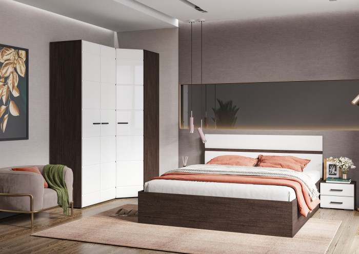 ЛИБЕРТИ КР 01 Кровать 1,4 (1432х900х2032) Фасад МДФ БЕЛЫЙ ГЛЯНЕЦ/Корпус ВЕНГЕ