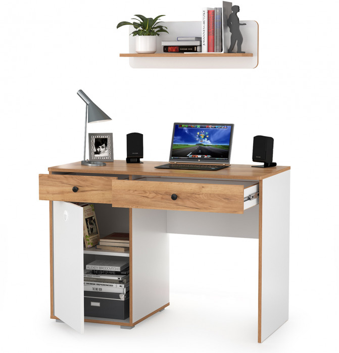 Вуди письменный стол 12.42 + Полка 15.46, белый премиум/дуб крафт золотой