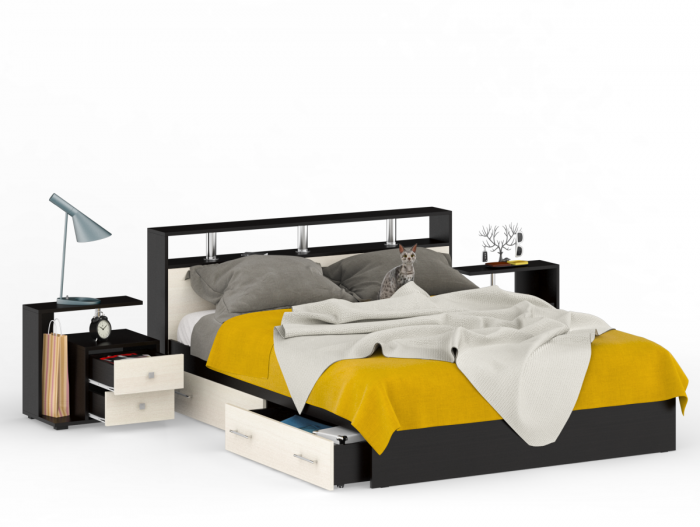 Камелия Кровать с ящиками 1600 + две тумбы, цвет венге/дуб лоредо, ШхГхВ 276х217х78,2 см., сп.м. 1600х2000 мм., без матраса, основание есть