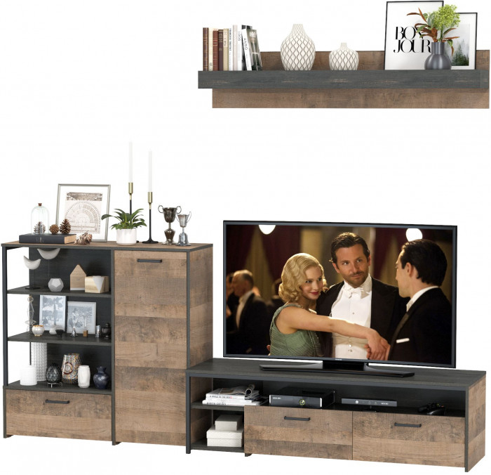 Трувор 13.70 Тумба под ТВ + 13.307.01 Комод + 15.60 Полка, цвет дуб гранж песочный/интра, ШхГхВ 258,8х45,4х195 см., универсальная сборка