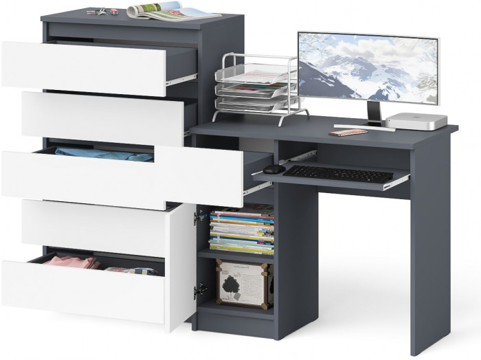 Мори Стол компьютерный МС-1 левый + Комод МК700.5, цвет графит/белый, ШхГхВ 160,4х50х114 см., выдвижной ящик слева, НЕ универсальная сборка