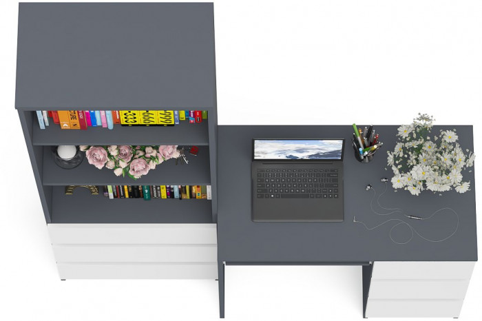 Мори Стол компьютерный МС-6 правый + Стеллаж МСТ600.3, цвет графит/белый, ШхГхВ 150,4х50х179,6 см., выдвижные ящики справа, НЕ универсальная сборка