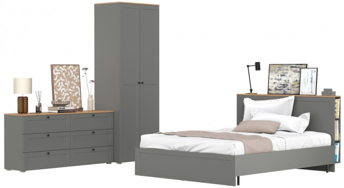 Остин 11.53 Кровать + ортопед + 13.224 Шкаф + 16.240 Комод, серый графит/дуб крафт золотой